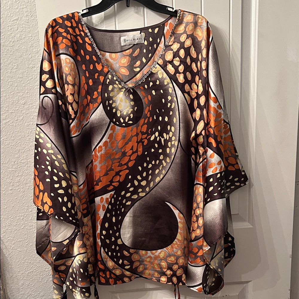 Rare Angel Wing Bill Blass Vibrant Orange and Brown Tunic Vintage, Boho, Hippie